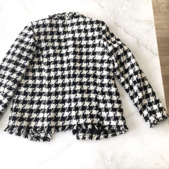 Zara frayed checked blazer black & white woven houndstooth jacket / coat, size S - Picture 5 of 10